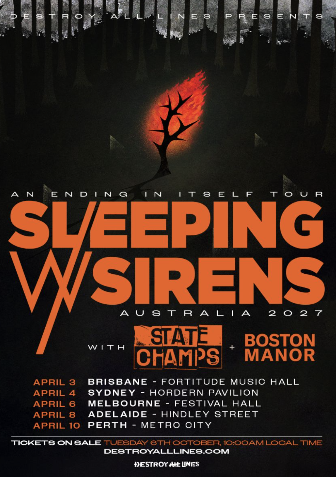 Tour poster for Sleeping With Sirens An Ending In Itself Tour Australia 2027 with State Champs and Boston Manor.